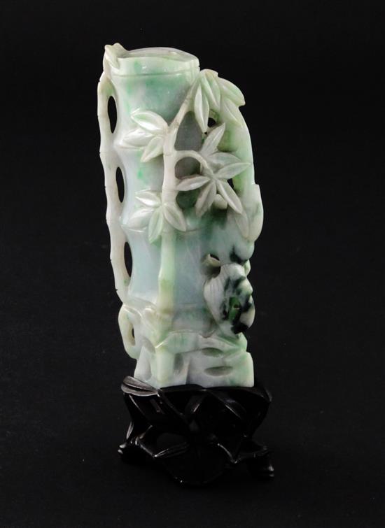A Chinese jadeite peacock and bamboo vase, early 20th century, 11.3cm, bamboo sprig carved wood stand